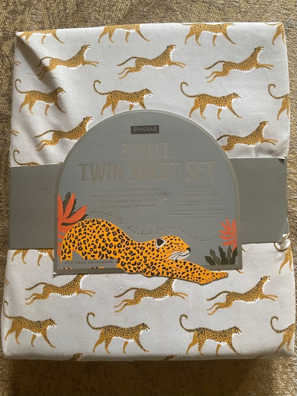 Envogue Twin Sheet Set - Leopard Print Orange and Bluest Gray Background